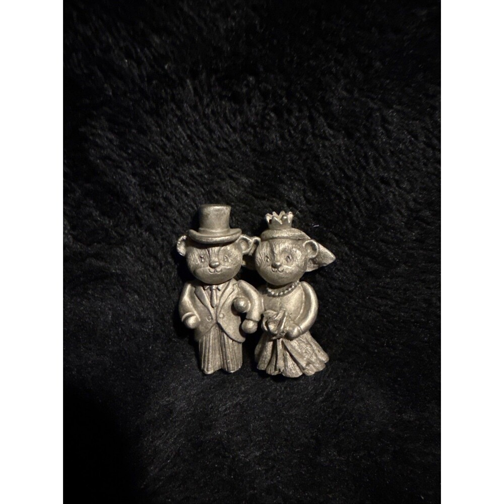 Vintage 90s Spoontiques Pewter Bride & Groom Teddy Bear Wedding Couple S865